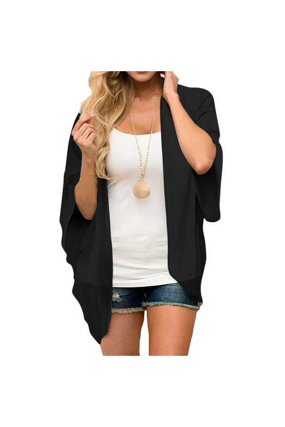 Womens Jackets Ladies Women's Solid Puff Sleeve Kimono Cardigan Loose Chiffon Cover Up Casual Blouse Tops