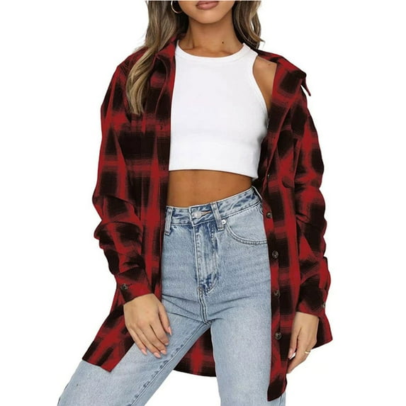 Turilly Womens Jackets Ladies Women's Spring and Autumn Lapel Top Loose Casual Buttoned Long Sleeve Plaid Shirt Jacket