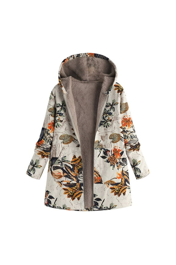Womens Jackets Ladies Women's Winter Warm Outwear Floral Print Hooded Pockets Vintage Oversize Coats