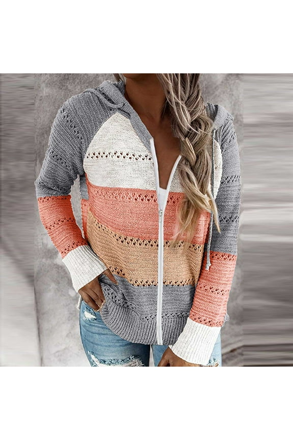 Womens Jackets Ladies Fashion Women Casual Patchwork Long Sleeves Hooded Sweater Cardigan Blouse Tops