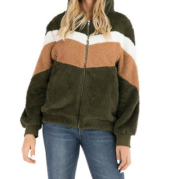 Turilly Womens Jackets Ladies Fashion Women Patchwork Zipper Winter Lengthened Plush Long Sleeve Outwear