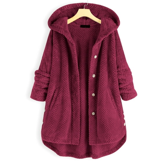 Turilly Womens Jackets Ladies Plus Size Women Fleece Irregular Long Sleeve Button Pocket Hooded Coat