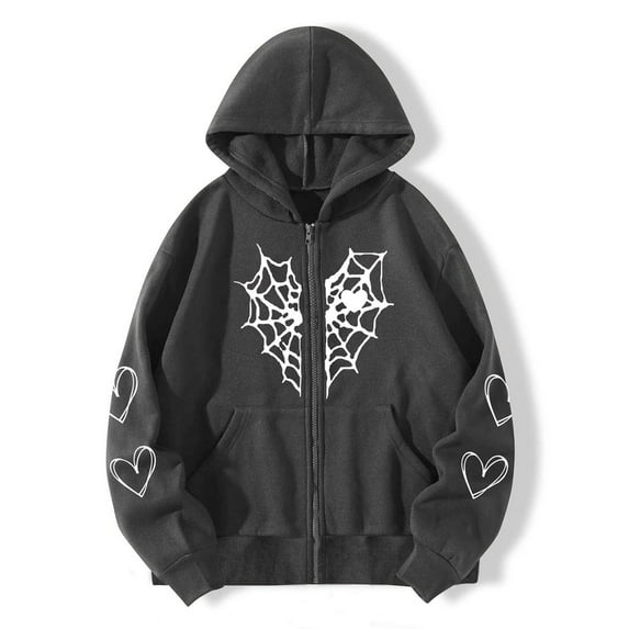Turilly Womens Jackets Ladies Women's Heart Print Gothic Style Long Sleeve Hoodlies Zipper Thermal Hoodie with Cropped Zip Up Women Coat