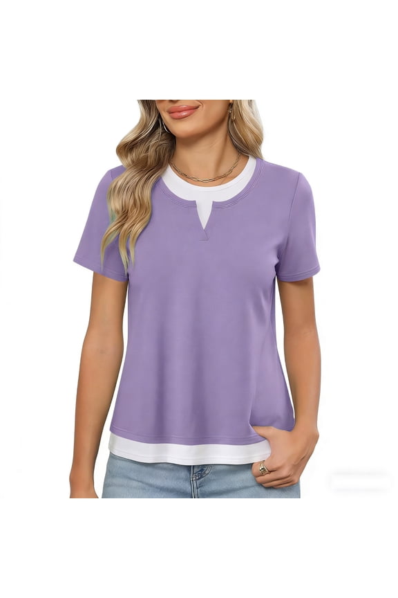 Womens Layered Look T-Shirts V-Neck Notch Neckline Short Sleeve Loose Fit Summer Tops