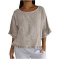 thumbnail image 1 of Turilly Womens Linen Blend Ruffle Hem Blouse Casual Round Neck 3/4 Sleeve Loose Fit Top, 1 of 6