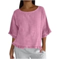 thumbnail image 1 of Turilly Womens Linen Blend Ruffle Hem Blouse Casual Round Neck 3/4 Sleeve Loose Fit Top, 1 of 6