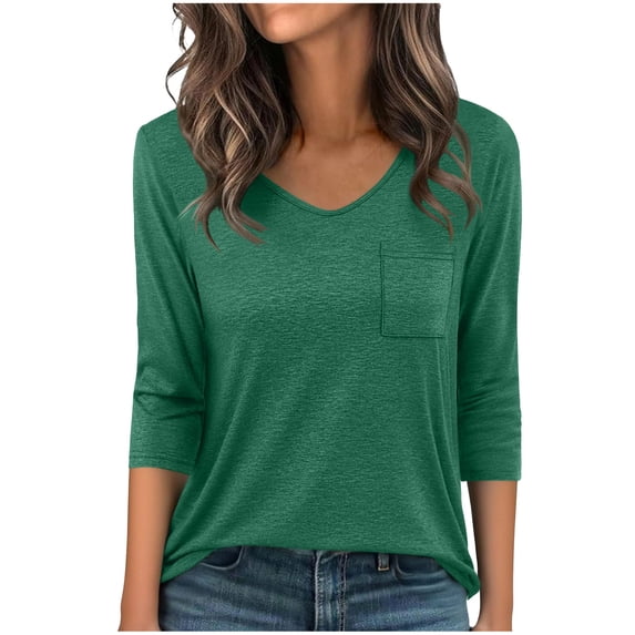 Turilly Womens Loose Fit Pocket Tunic Tops Fashion Ladies Casual Solid Color Pleated 3/4 Sleeve V-Neck Blouses Top