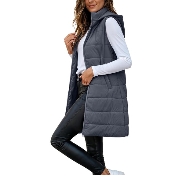 Turilly Womens Mid-Length Puffer Vests Sleeveless Hooded Down Jacket Fall Winter Casual Loose Outerwears with Pocket