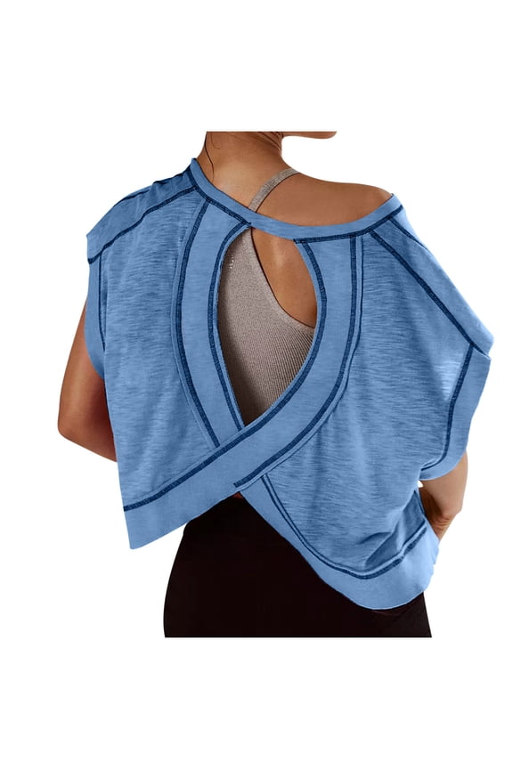 Womens Open Back Workout Tops Backless Short Sleeve Athletic Shirt Running Crop Top Gym Yoga Tee
