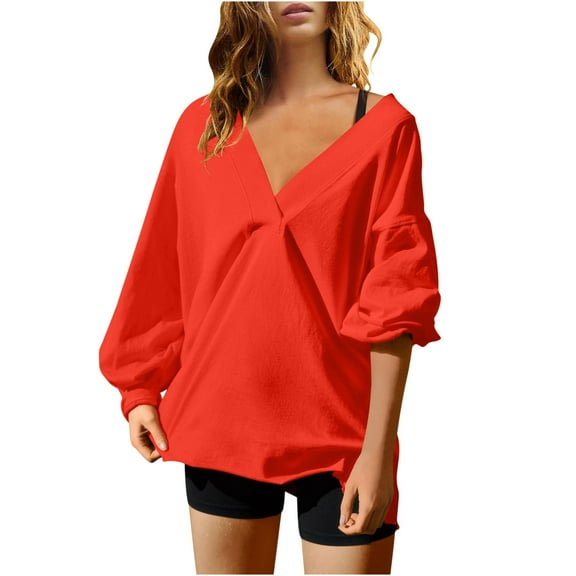 Turilly Womens Oversized Tee Shirts Long Sleeve T Shirt Fashion Workout Tops Casual Loose V Neck Layer Blouse