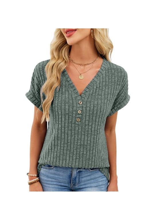 Womens Petite Shirts Women's Casual Fashion Solid Color Summer V-Neck Short Sleeve Blouses Top Army Green L