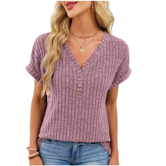 Turilly Womens Petite Shirts Women's Casual Fashion Solid Color Summer V-Neck Short Sleeve Blouses Top Purple XL