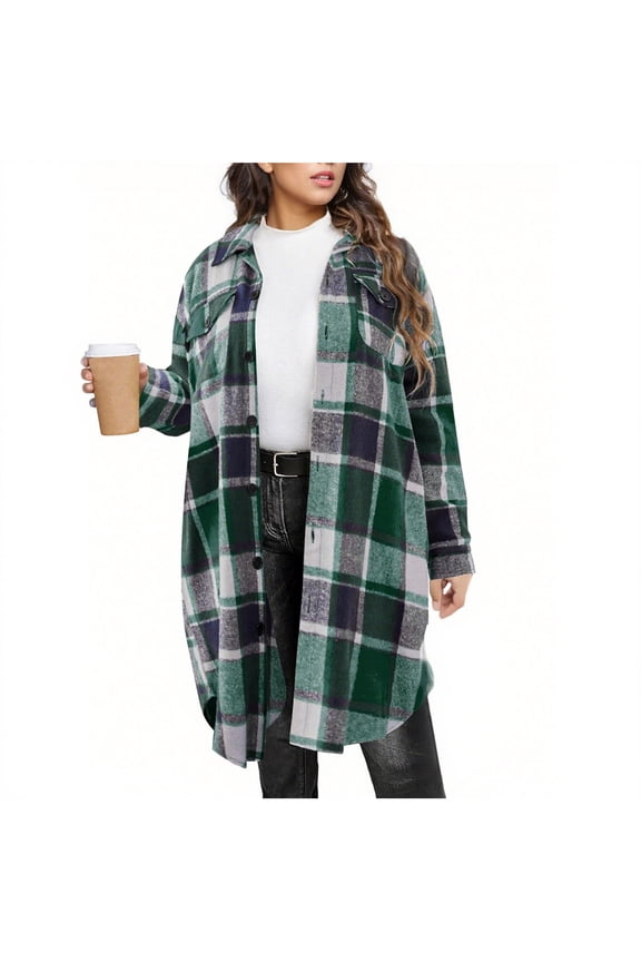 Womens Plaid Long Wool Blend Coat Shacket Jackets Long Sleeve Button Down Casual Boyfriend Flannel Shirts