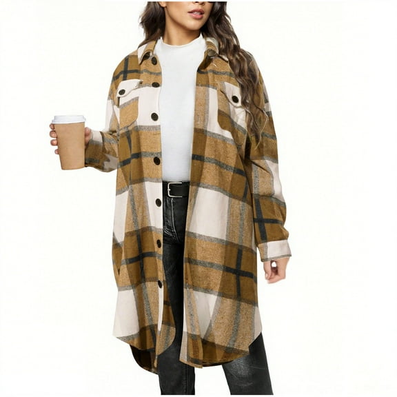 Turilly Womens Plaid Printing Coats Fashion Women's Casual Pocket Long Sleeve Turndown Collar Blouse Coat