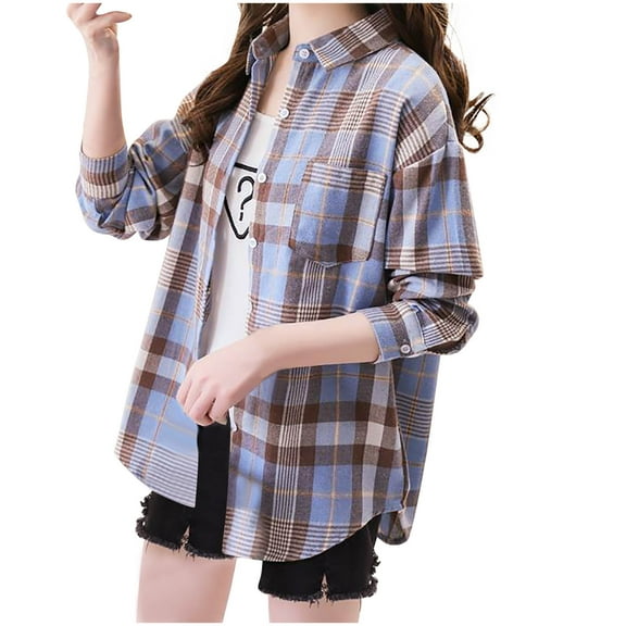 Turilly Womens Plaid Shirts Top Loose Long Sleeved Thin Casual Shirt Long Sleeved Lapel Shirt