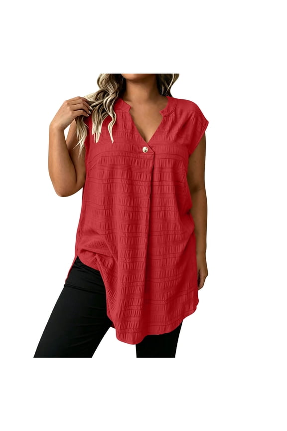 Womens Plus Size V-Neck Sleeveless Solid Tunic Top Summer Ladies Textured Fabric with Side Slit Loose Fit Longline Casual Tank Blouse for Beach Vacation And Daily Wear