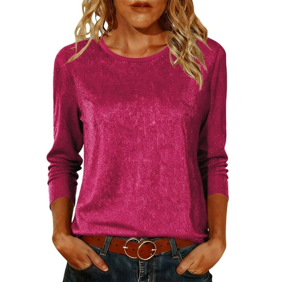 Turilly Womens Ruffled Glittering Gold Hot Stamping 3/4 Sleeves Tops Elegant Dress Crewneck Double Layer Mesh Top