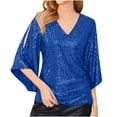 thumbnail image 1 of Turilly Womens Sequin Tops 3/4 Sleeve Glitter Sparkly Party Blouse V-Neck Dressy Tops For Evening Party Navy M, 1 of 7