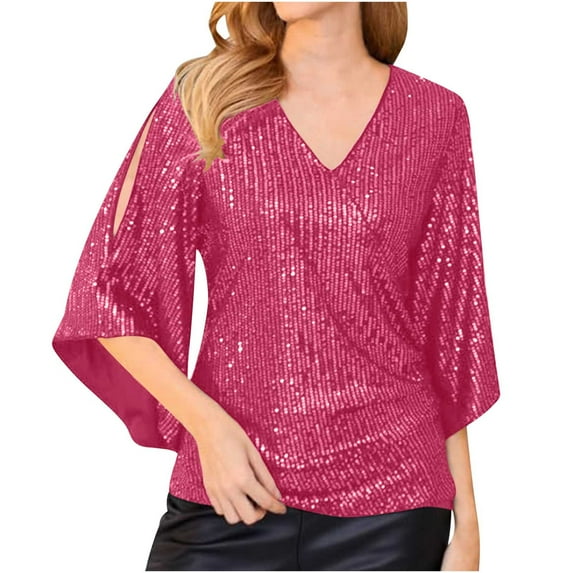 Turilly Womens Sequin Tops 3/4 Sleeve Glitter Sparkly Party Blouse V-Neck Dressy Tops For Evening Party Pink XXL