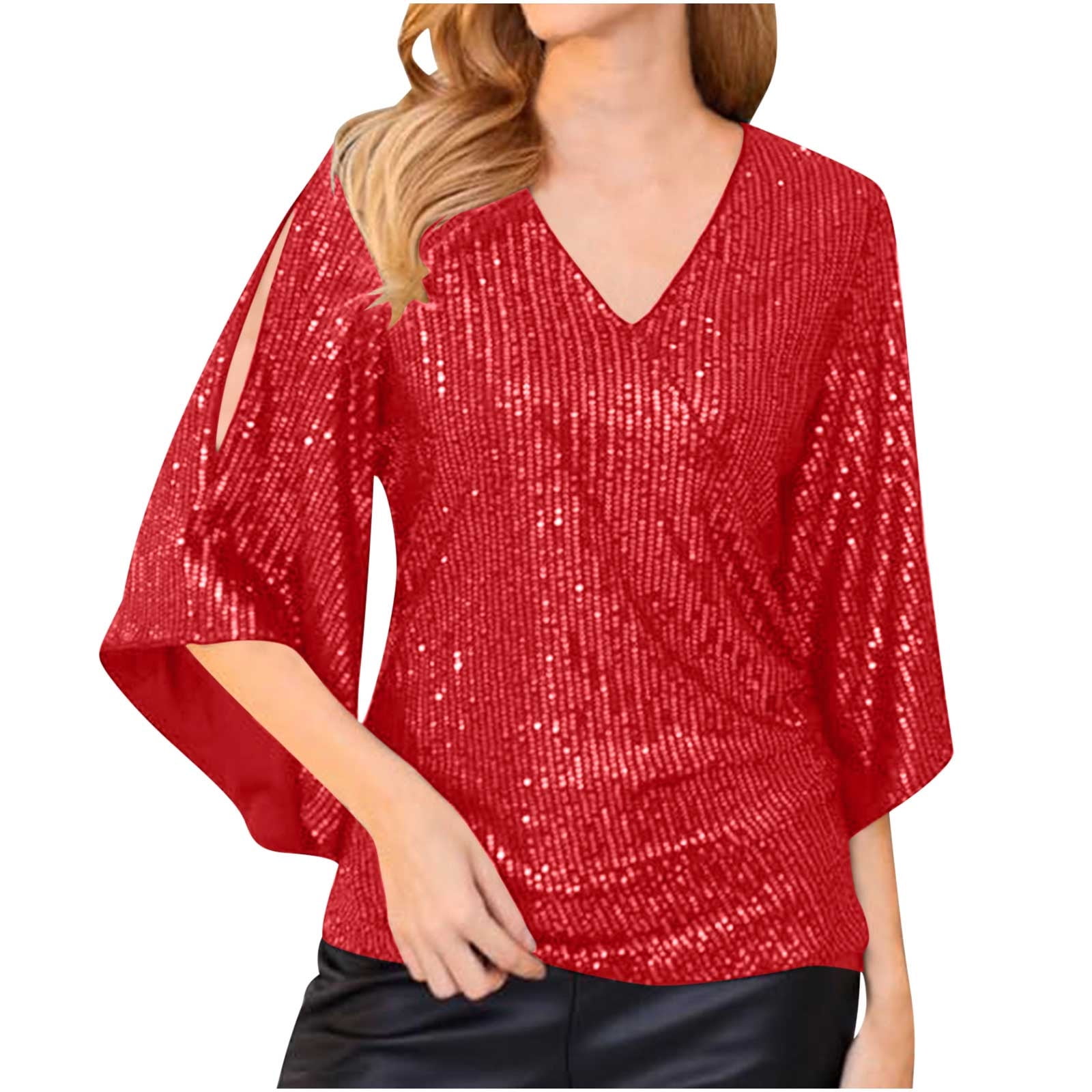 Turilly Womens Sequin Tops 3 4 Sleeve Glitter Sparkly Party Blouse V Neck Dressy Tops For Evening Party Red XXL