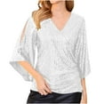 thumbnail image 1 of Turilly Womens Sequin Tops 3/4 Sleeve Glitter Sparkly Party Blouse V-Neck Dressy Tops For Evening Party White M, 1 of 7