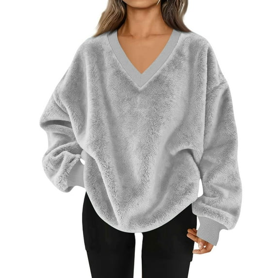 Turilly Womens Sherpa Comfy Pullovers Women's V-Neck Fuzzy Fleece Sweatshirt Solid-Color Long-Sleeve Top