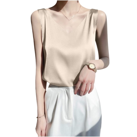 Turilly Womens Sleeveless Satin V-Neck Tanks Fashion Ladies Casual Solid Color Camisole Summer Tops