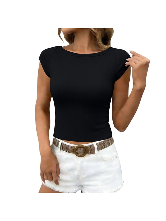Womens Slim Fit Short Sleeve Tee Boat Neck Crop Tops Women's Casual And Stylish Solid Color Short Top