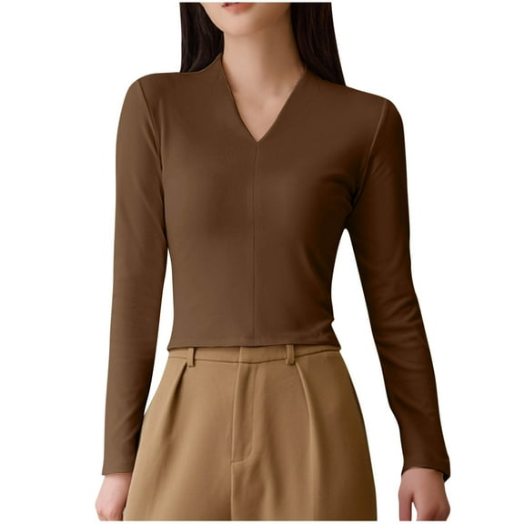Turilly Womens Solid Color Long Sleeved Top Long Sleeved V-Neck Shirt