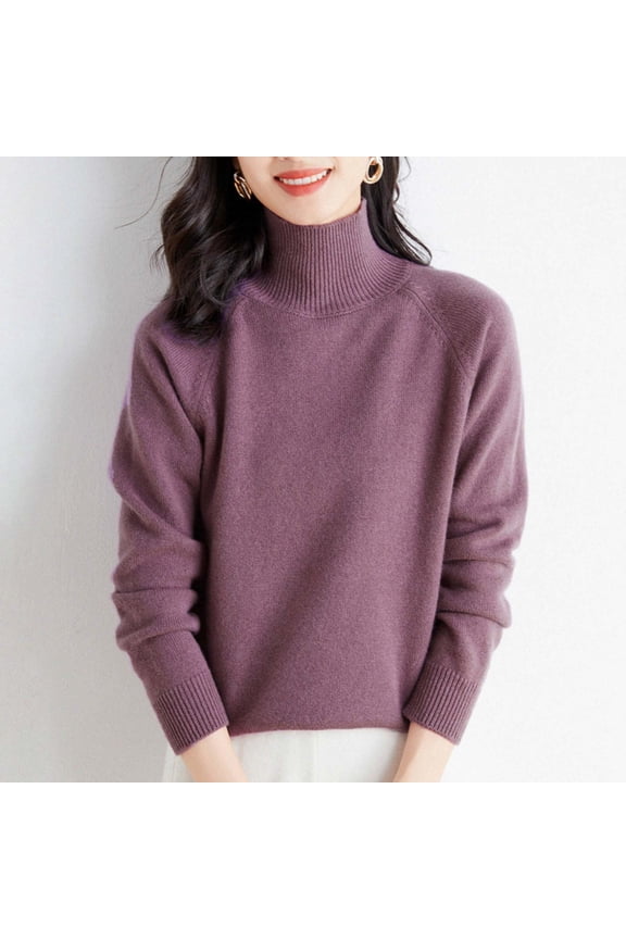 Womens Solid Color Shoulder High Neck Thick Loose Top High Neck Sweater