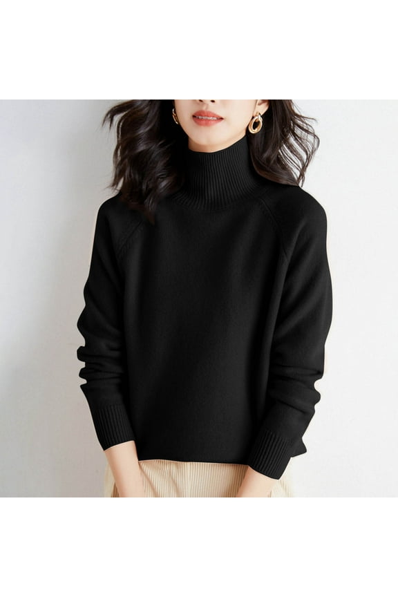 Womens Solid Color Shoulder High Neck Thick Loose Top High Neck Sweater