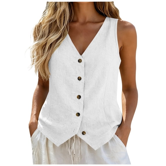 Turilly Womens Solid Color V-Neck Sleeveless Vest Button Down Casual Comfy Summer Tanks Top