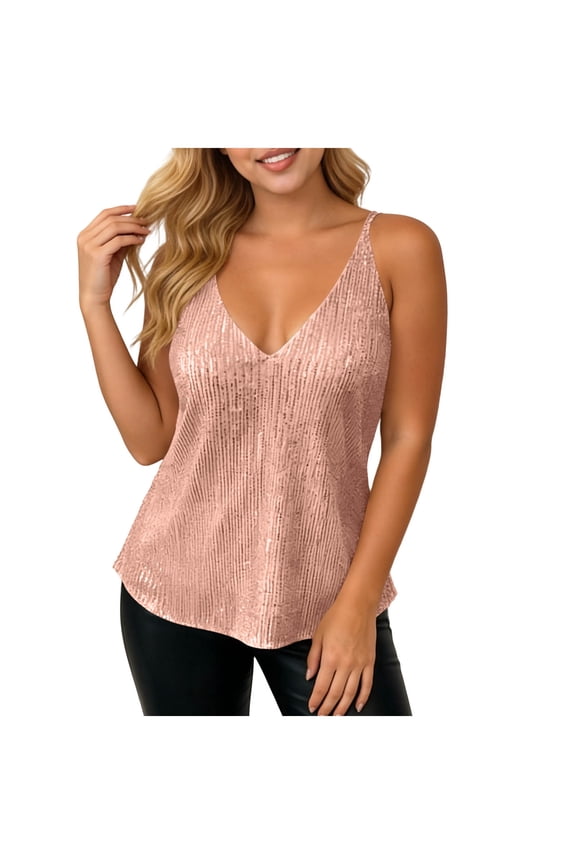 Womens Sparkly Sequin Cami Dressy Tops Women V-Neck Spaghetti Strap Sequin Ruched Waist Solid Top