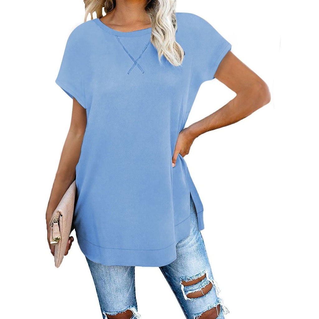 HILLMILL Women's Summer Tops - Short Sleeve Crew Neck Side Split Tunic, Casual Loose Fit Blouse - View #7