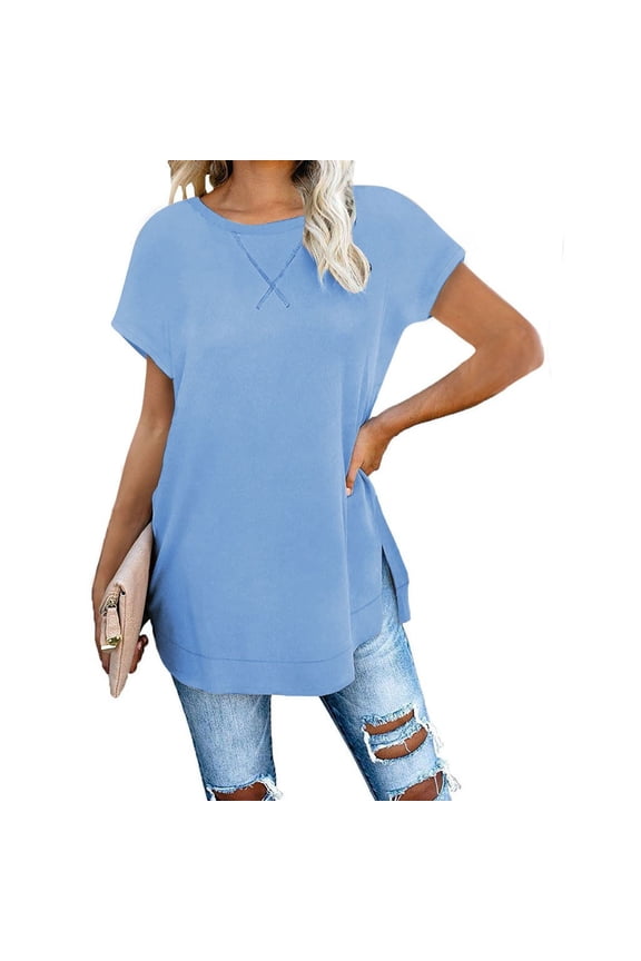 Womens Summer Tops, Women's Crewneck Short Sleeve Tunic Tops Side Split Plain Loose Blouses Tops