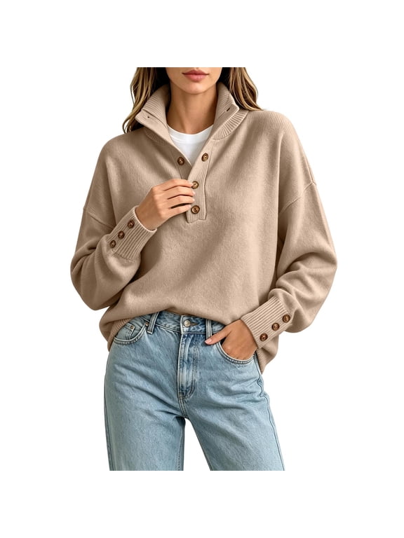 Womens Sweater Warm High Collar Long Sleeve Pullover with Button Placket for Autumn Winter Layering
