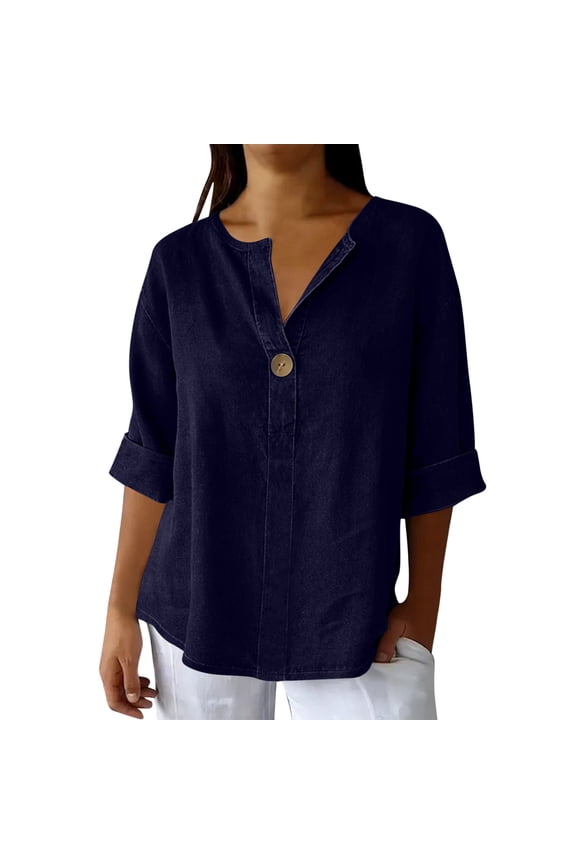 Womens Trendy Casual V-Neck Elbow Sleeve Tees Fashion Ladies Loose Fit Solid Color Tops for Summer