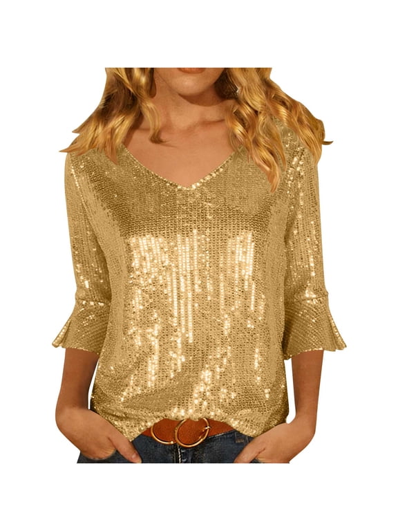 Womens Versatile Dressy Flare Sleeve Party T-Shirt Fashion Women's Casual Sequin 3/4 Sleeves V-Neck T-Shirt Top