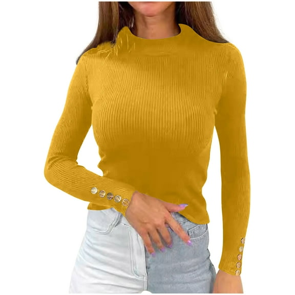 Turilly womens sweaters under $10 Women's Solid Color Button Long Sleeved Knitted Sweater Base Sweater Top High Neck Sweater