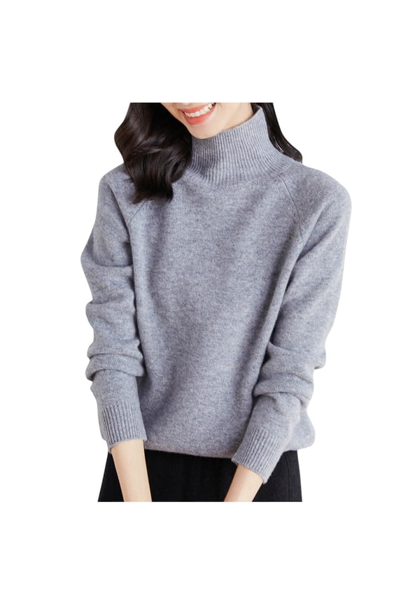 womens sweaters under $10 Womens Solid Color Shoulder High Neck Thick Loose Top High Neck Sweater