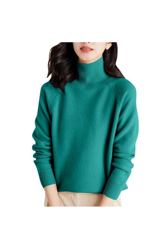 womens sweaters under $10 Womens Solid Color Shoulder High Neck Thick Loose Top High Neck Sweater