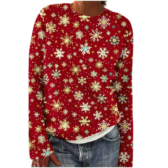 Turilly womens winter christmas sweatshirts non positioning printed loose long sleeved top knitted round neck sweatshirt