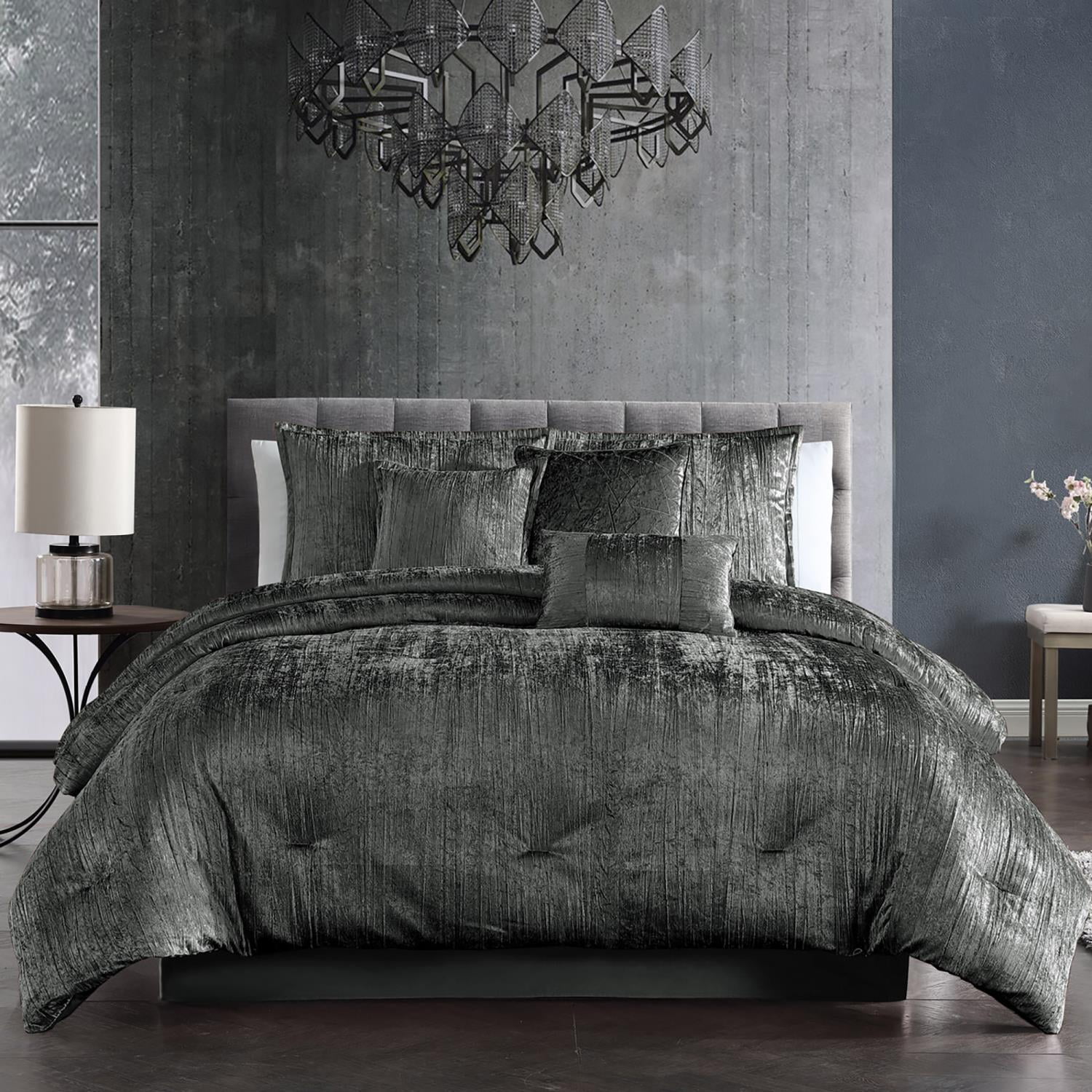 Charcoal King Crinkle Velvet 7-Piece Comforter Set