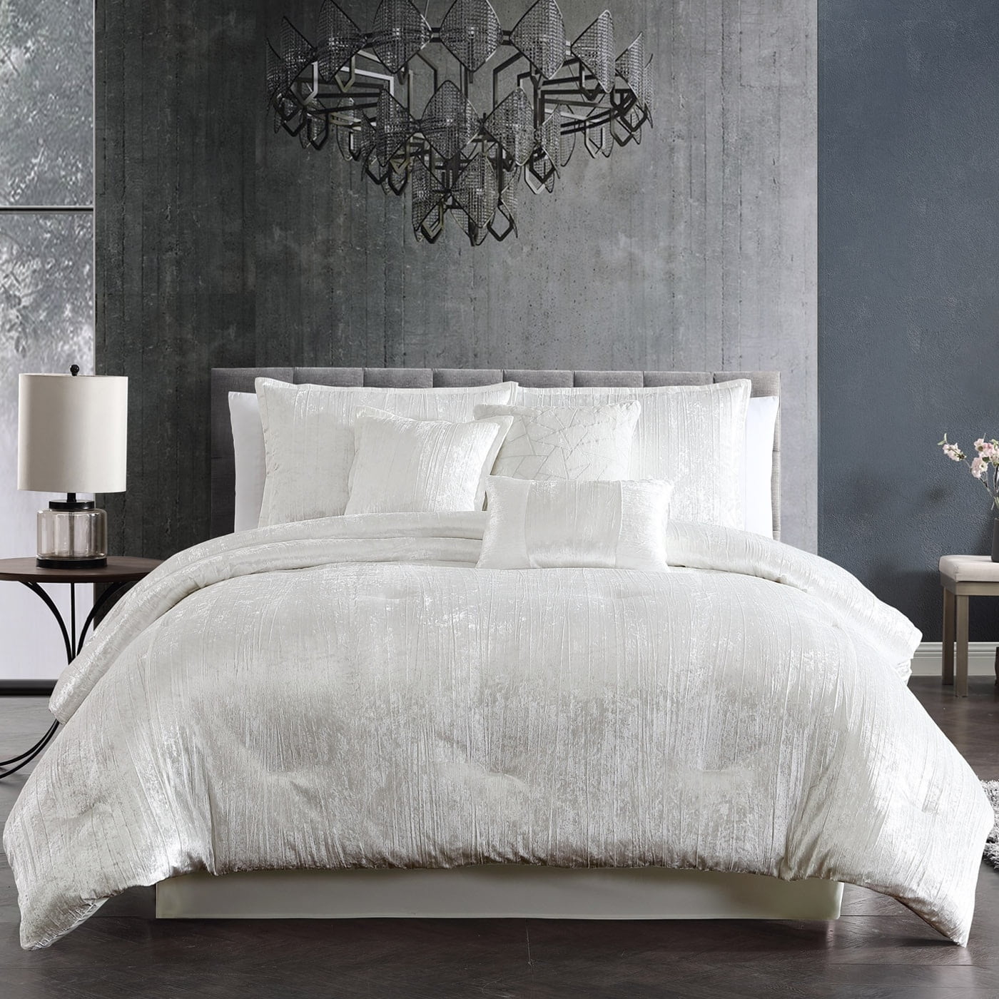King White Crushed Velvet 7-Piece Comforter Set