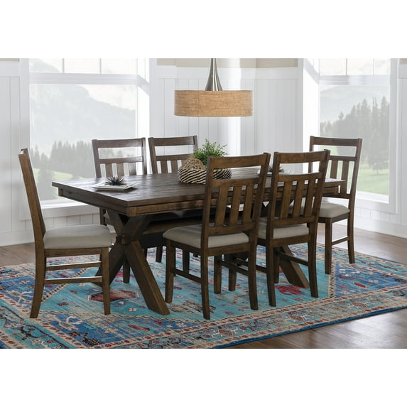 Turino Farmhouse 7-Piece Dining Set, Rustic Umber Base with Tan Fabric