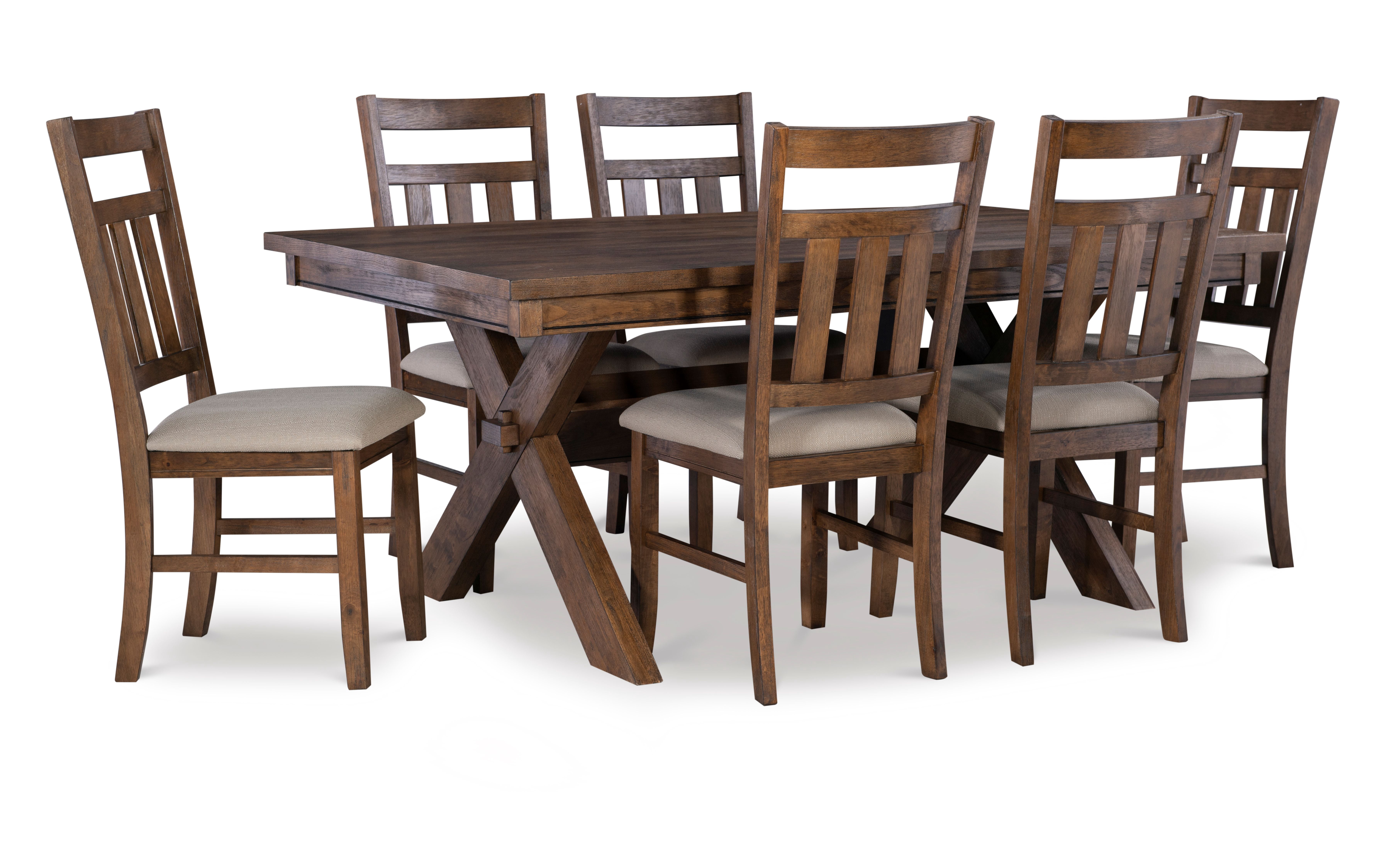 Turino Farmhouse 7-Piece Dining Set, Rustic Umber Base with Tan Fabric