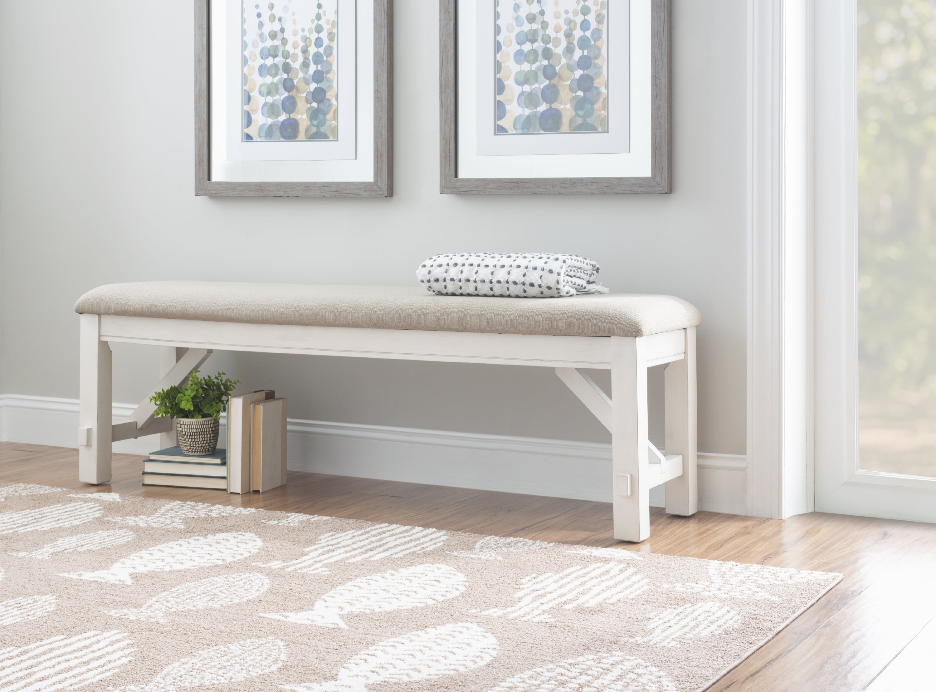 Turino 60" Smokey White and Tan Basketweave Upholstered Dining Bench