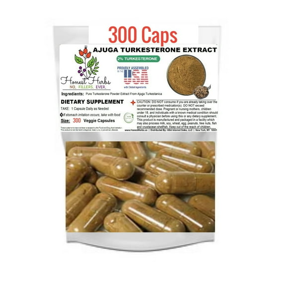 Turkesterone 10:1 Extract - Ajuga Turkestanica, Standardized 2% [P]ure Turkesterone - 300 Veggie Caps, 500mg