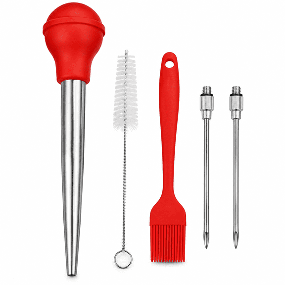 Turkey Baster, 18/8 Stainless Steel Turkey Baster Syringe for Cooking, Meat Injector Baster Set with 2 Needles & 2 Cleaning Basting Brush, Baster for Flavor Meat Poultry, Beef & Chicken Red