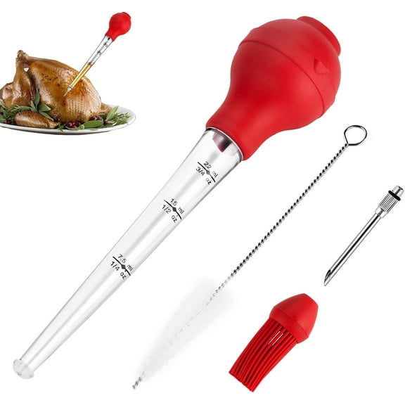 Turkey Baster with Barbecue Basting Brush, Baster Syringe for Home Baking and Roaster Turkey, Include Detachable Food Grade Silicone Bulb, Meat Injector Needle and Cleaning Brush